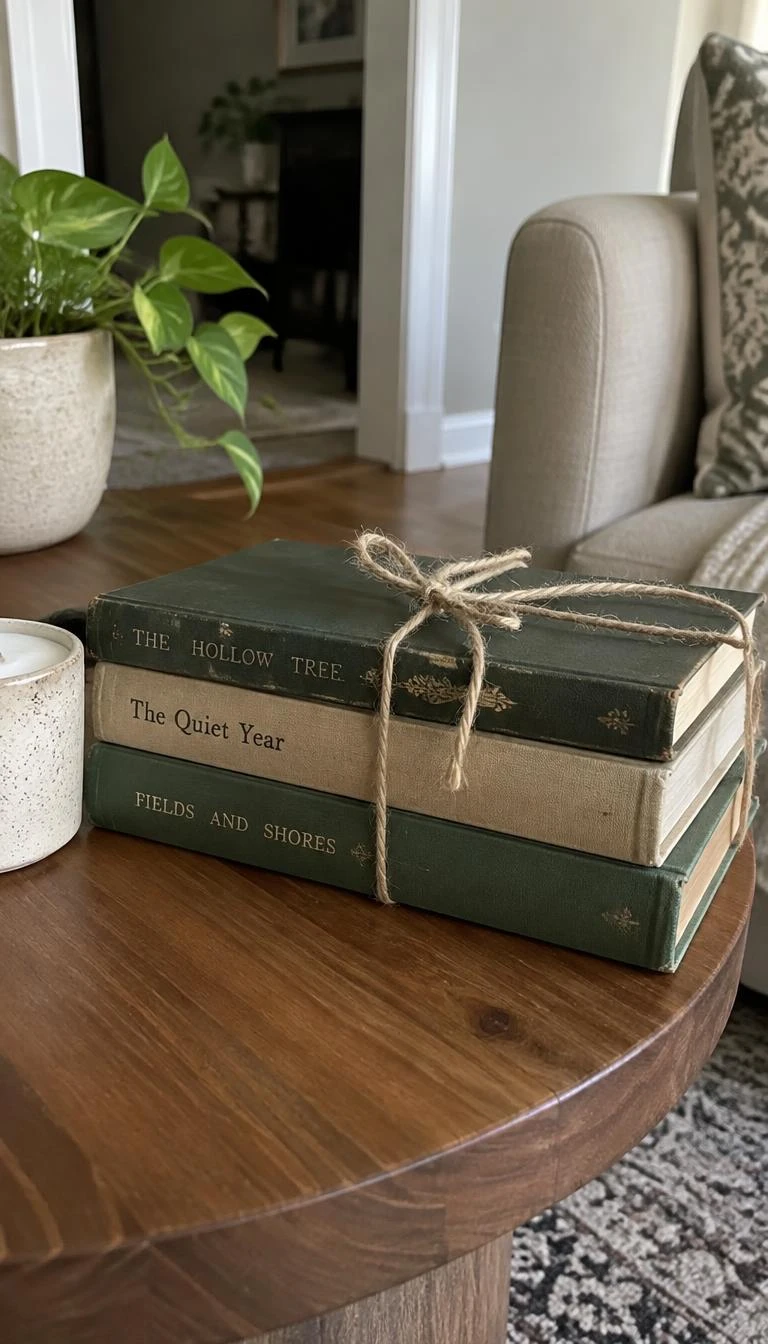 A candid, realistic iPhone photograph of a living room side table, showing three vintage cloth covered hardcover books in muted forest green and beige, bound together with rough garden twine.