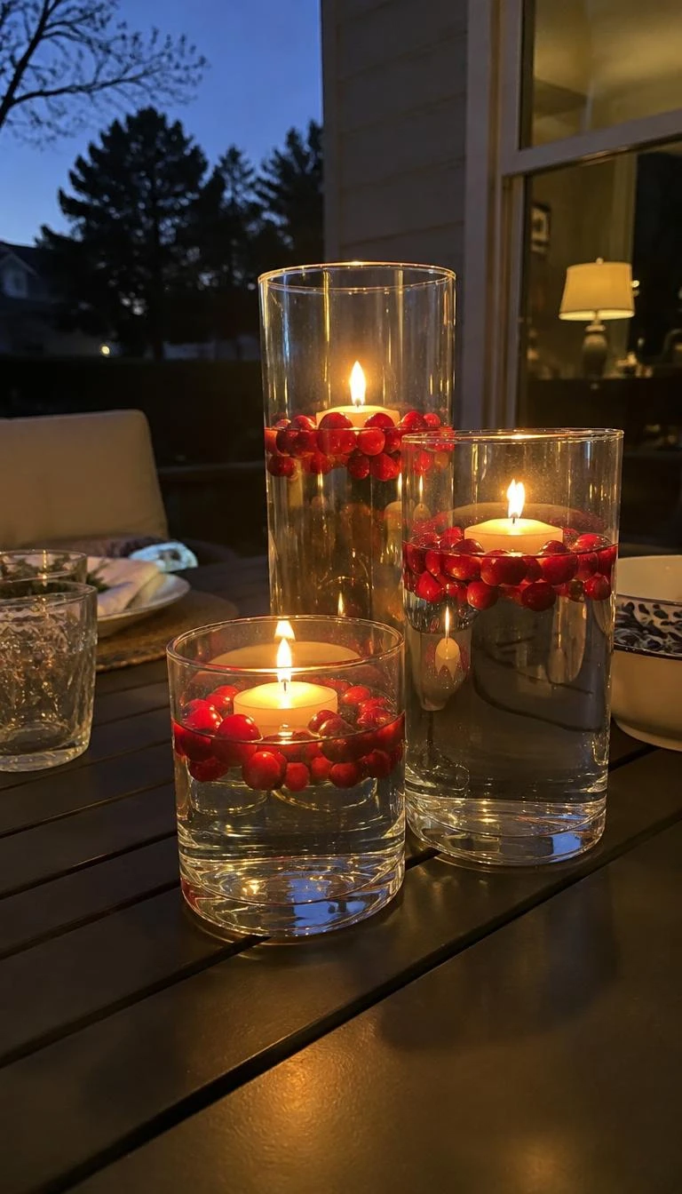 A candid, realistic iPhone photograph of a patio dining table at twilight, displaying three clear glass cylinder vases filled with water, floating fresh red cranberries and flickering white tea lights, reflecting light across the dark table.