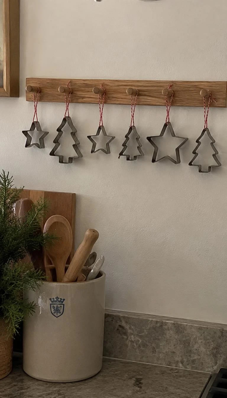 A candid, realistic iPhone photograph of a kitchen wall peg rail made of light oak, with six antique metal tin cookie cutters shaped like stars and trees hanging from narrow red baker string.