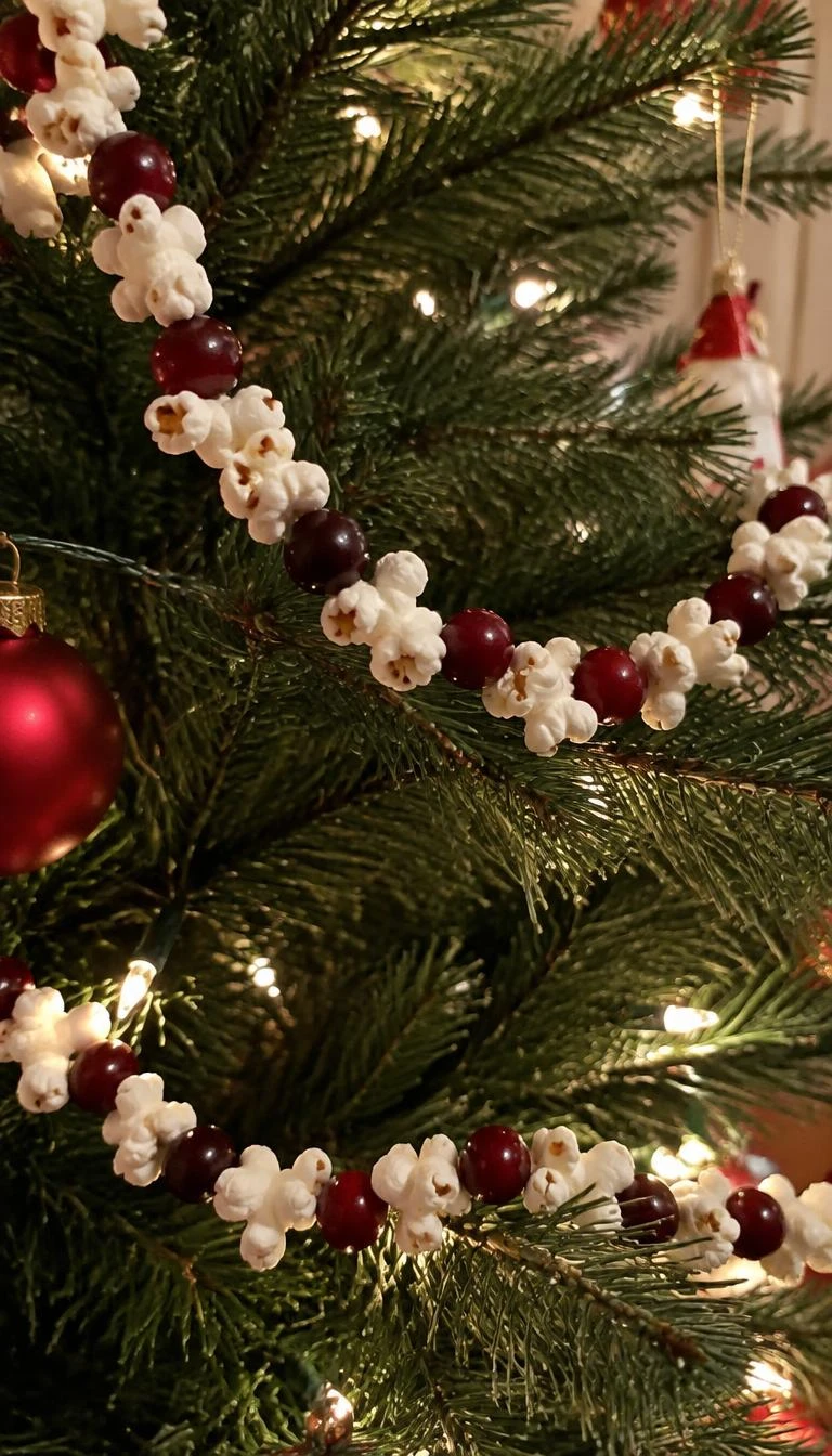A candid, realistic iPhone photograph of a Christmas tree branch, showing a handmade garland of strung white popcorn kernels and dark red cranberries hanging in gentle loops.