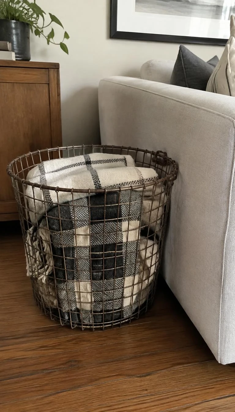 A candid, realistic iPhone photograph of a living room sofa side, showing a round vintage wire laundry basket filled with neatly folded cream and charcoal plaid wool blankets.