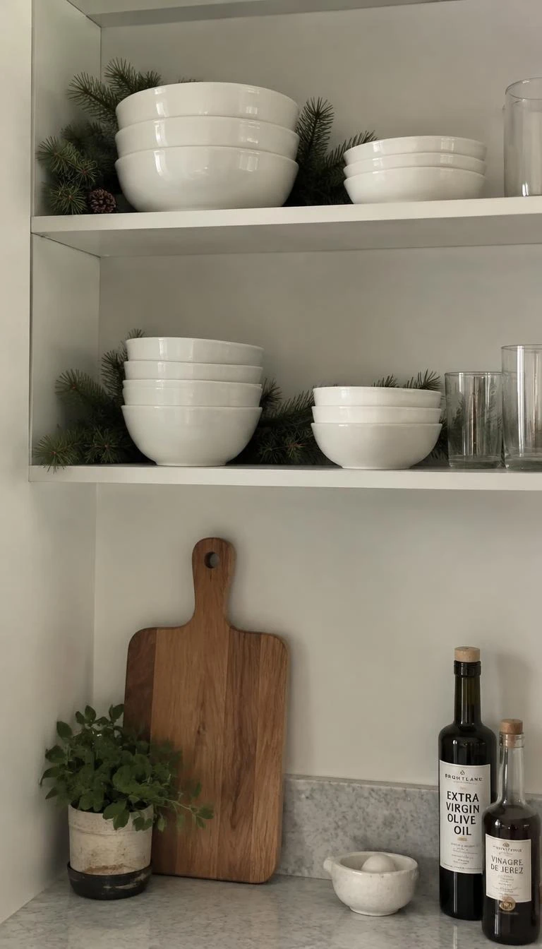 A candid, realistic iPhone photograph of white open kitchen shelving, showing short Norway spruce clippings tucked along the edges behind stacks of everyday white bowls.