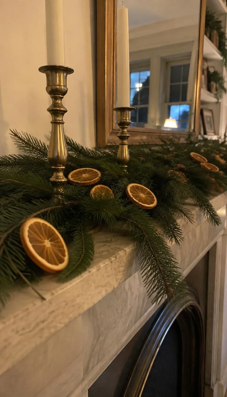 A candid, realistic iPhone photograph of a stone mantelpiece, showing thin translucent dried orange rounds scattered across flat pine boughs beside brass candlestick holders.