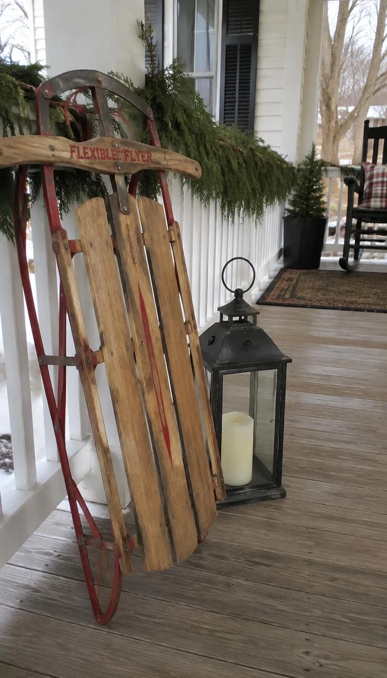 A candid, realistic iPhone photograph of a covered front porch, featuring an antique wooden Flexible Flyer sled with red runners leaning against a white rail beside an iron lantern.