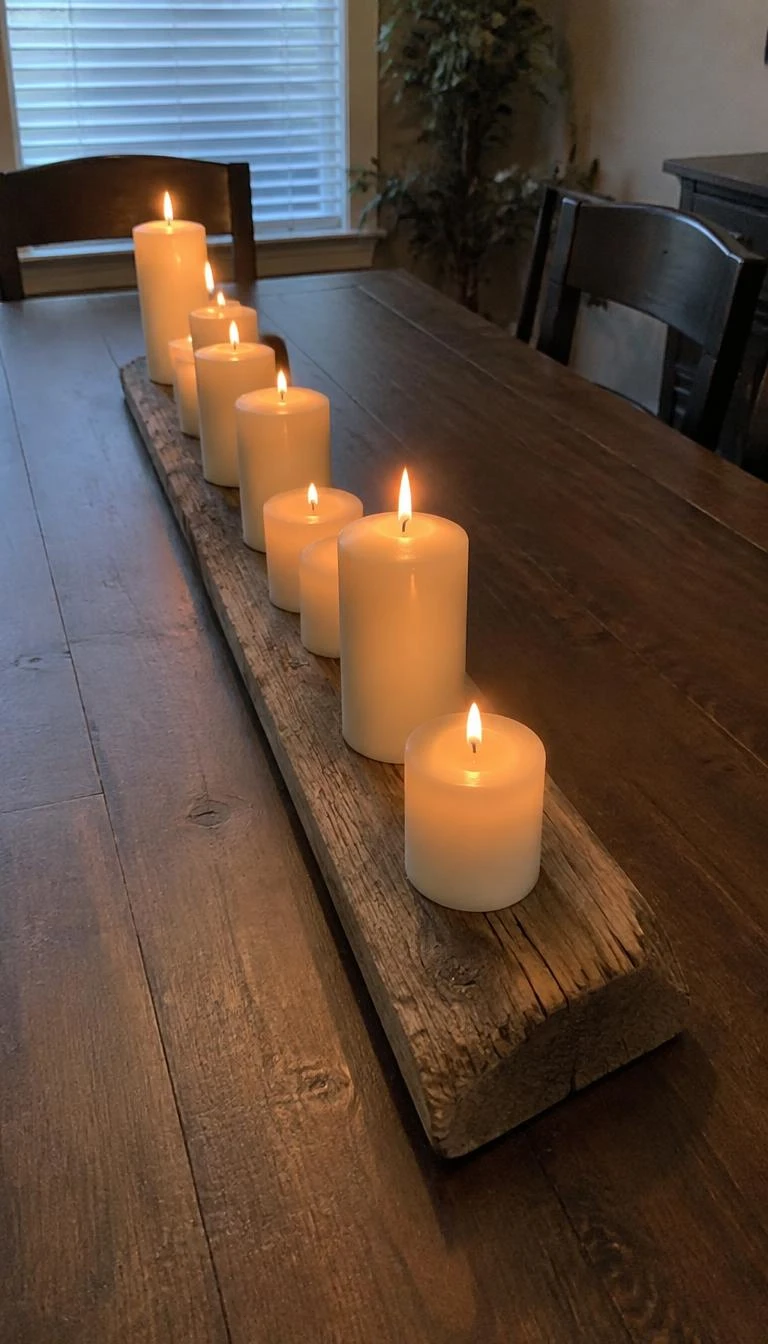 A candid, realistic iPhone photograph of a dining table runner, showing a long reclaimed barn wood plank holding seven white pillar candles of varying heights burning quietly.