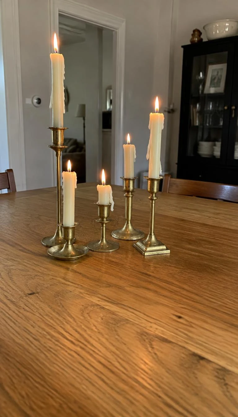 A candid, realistic iPhone photograph of an oak dining table, featuring an off-center cluster of five aged brass candleholders with dripping ivory beeswax tapers on a bare wood surface.