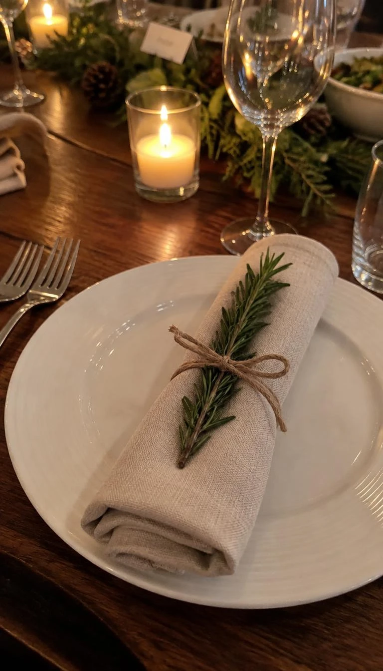 A candid, realistic iPhone photograph of a holiday dinner table setting, featuring an oatmeal linen napkin rolled simply and tied with jute string holding a thick sprig of fresh green rosemary.