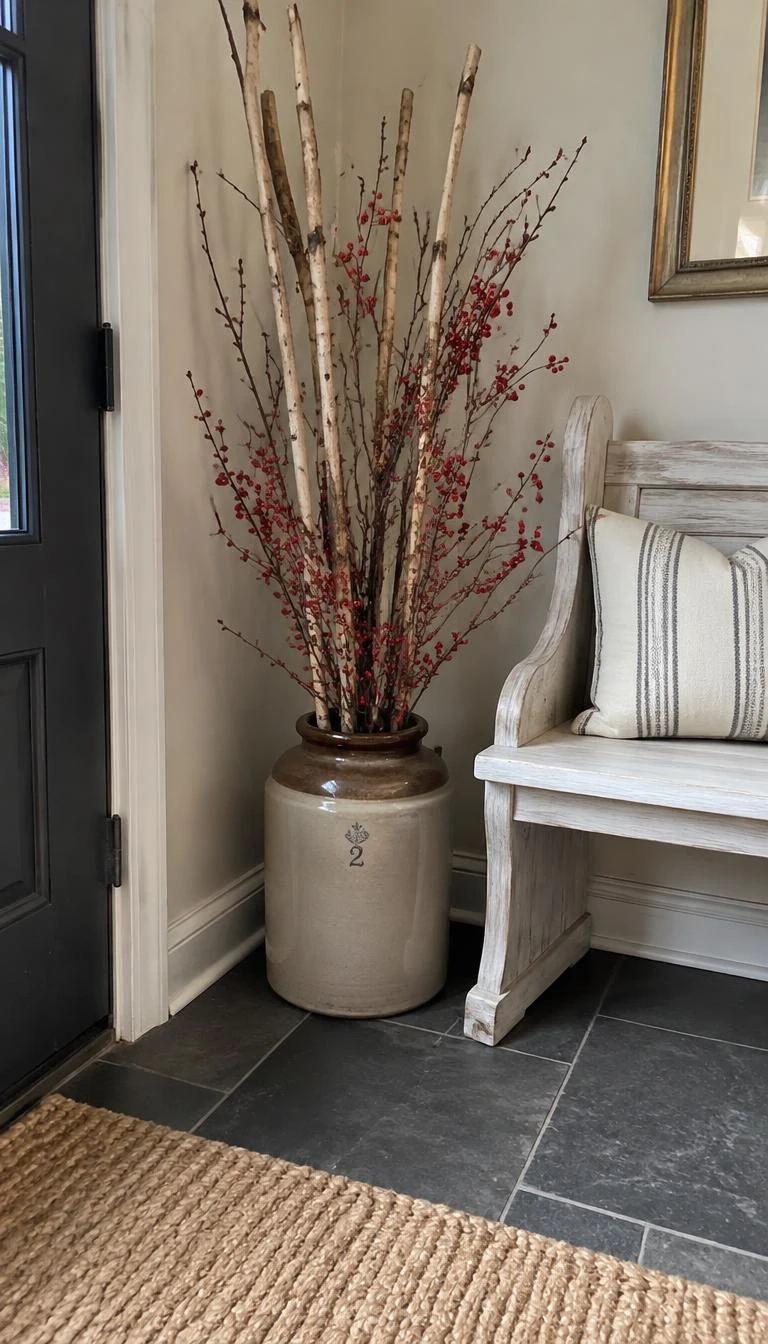 A candid, realistic iPhone photograph of a foyer corner, highlighting a heavy two-gallon antique stoneware crock filled with tall bare birch branches and small red winterberries beside a whitewashed wooden bench.