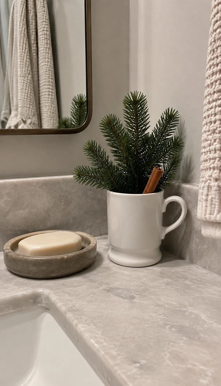 A candid, realistic iPhone photograph of a bathroom counter corner, showing a vintage white ironstone coffee mug holding four sprigs of Fraser fir and a cinnamon stick beside a round soap dish.