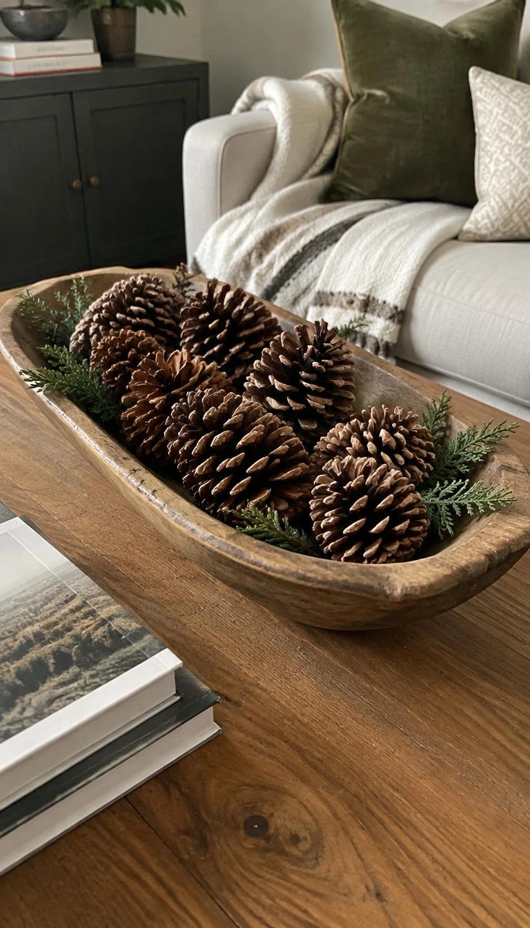 A candid, realistic iPhone photograph of a coffee table, showing an elongated antique wood dough bowl filled with large sugar pinecones and small sprigs of flat cedar.