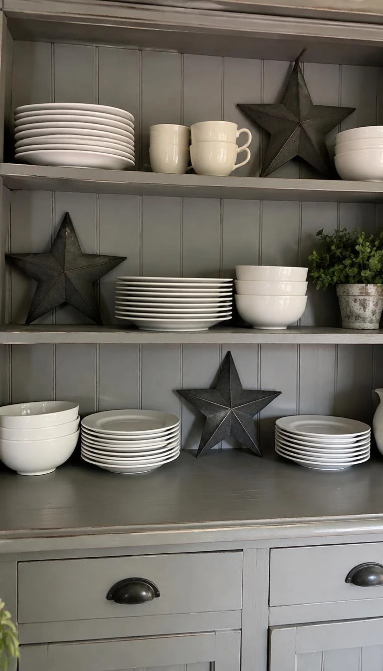 A candid, realistic iPhone photograph of a dining room hutch, where three matte zinc barn stars lean between stacks of plain white ceramic dinner plates on painted wood shelves.