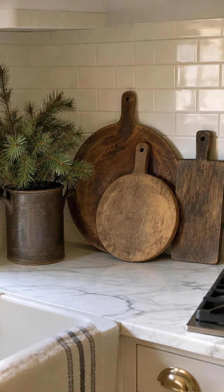 A candid, realistic iPhone photograph of a kitchen counter, showing three antique round and rectangular wooden bread boards propped against a cream subway tile backsplash beside an iron crock filled with small pine clippings.