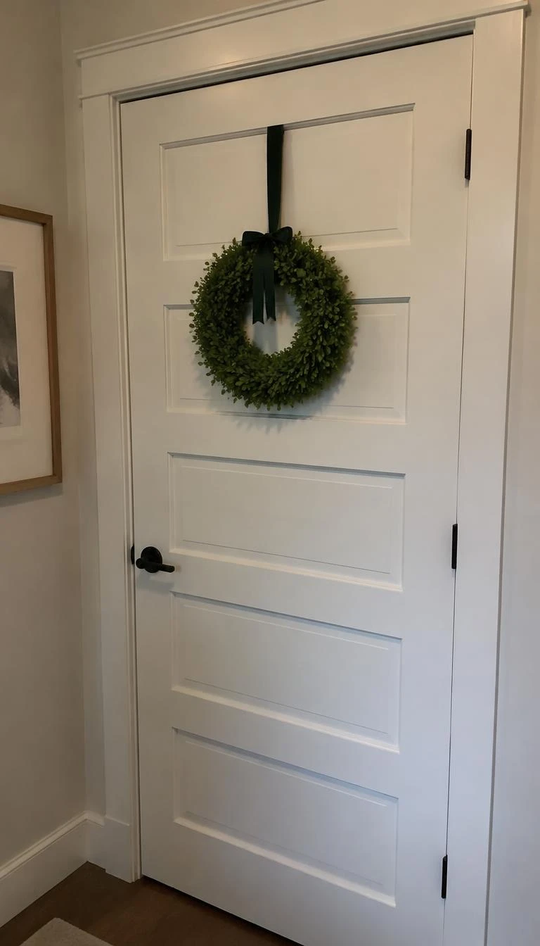 A candid, realistic iPhone photograph of an interior hallway, showing a small vibrant green boxwood wreath hung with dark forest velvet ribbon on a five-panel white wooden door.