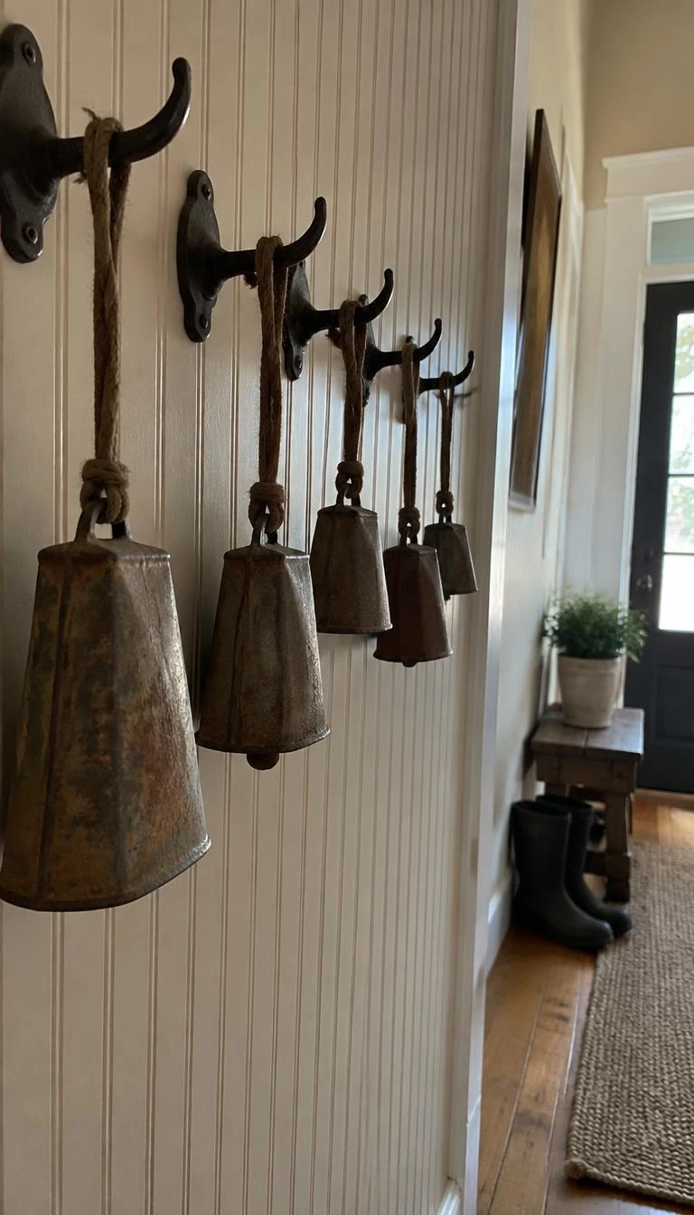 A candid, realistic iPhone photograph of an entryway hallway, showing five rustic rusted tin cowbells suspended by frayed jute rope from black cast iron hooks on a beadboard wall.