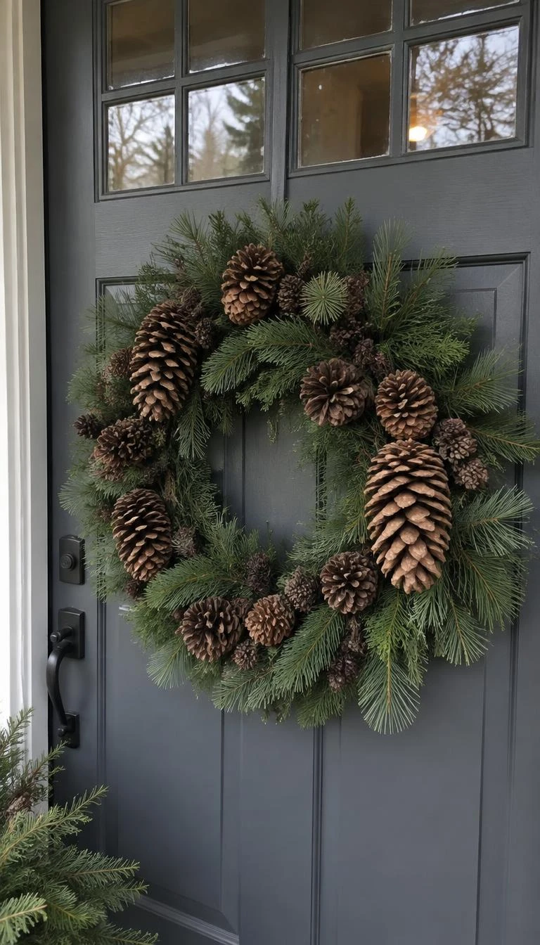 A candid, realistic iPhone photograph of a front door featuring a dense Scotch pine wreath covered in an assortment of tiny alder cones, medium spruce cones, and giant sugar pine cones against a slate gray door.