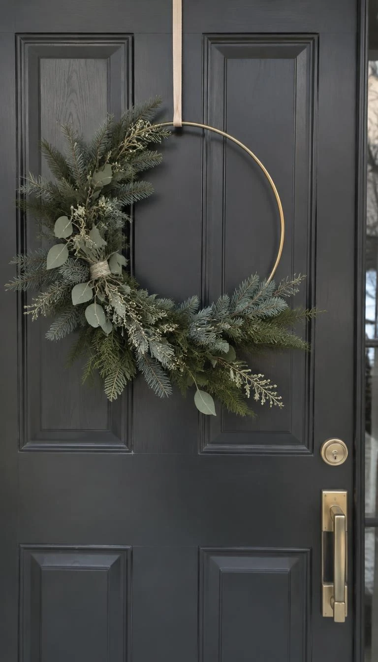 A candid, realistic iPhone photograph of a front door featuring an asymmetric brass hoop wreath bound with silvery blue spruce and muted olive foliage, hanging from a thin beige ribbon against a dark charcoal painted door under soft morning winter light.