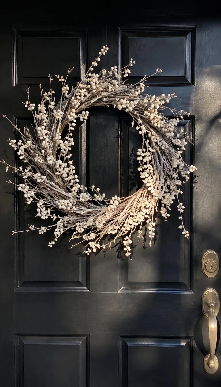 A candid, realistic iPhone photograph of a front door showing a sculptural wreath of pale birch twigs studded with clusters of porcelain white snowberries against an inky black door in afternoon sun.