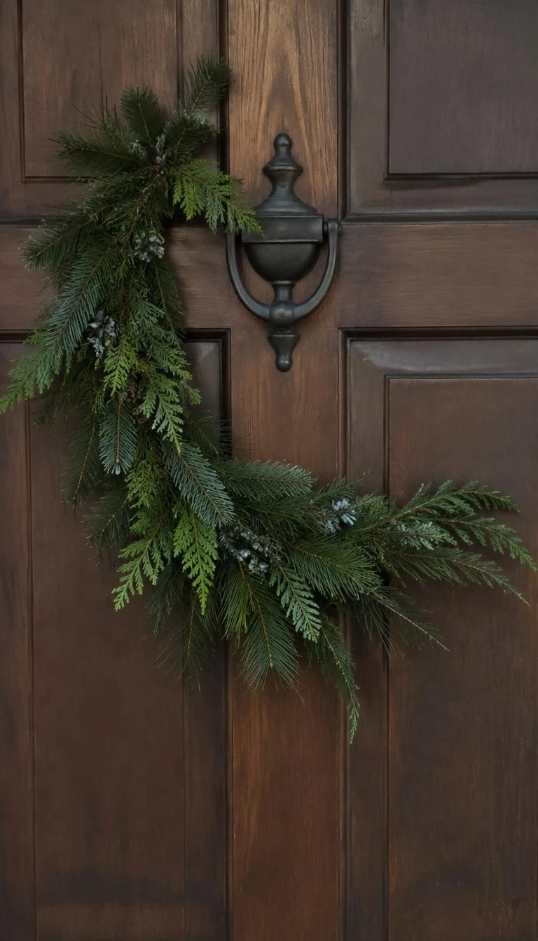 A candid, realistic iPhone photograph of a front door displaying a crescent shaped swag of dark hemlock and fir branches clinging to a cast iron door knocker on a dark walnut door.