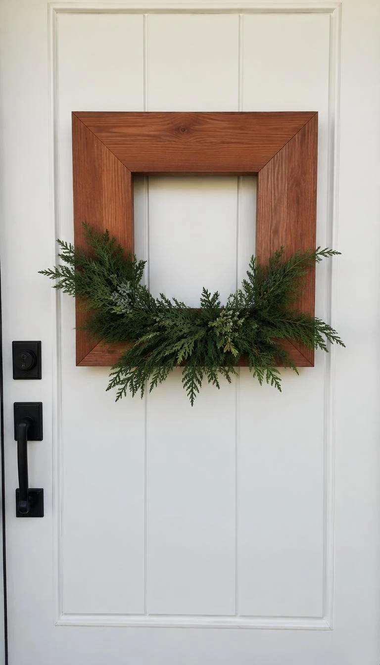 A candid, realistic iPhone photograph of a front door displaying a clean geometric square wooden wreath covered in flat Western red cedar against a white farmhouse front door.