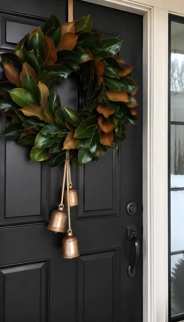 A candid, realistic iPhone photograph of a front door decorated with glossy magnolia leaves and velvety brown undersides, paired with three matte copper chime bells on jute cord against a black front door in winter.