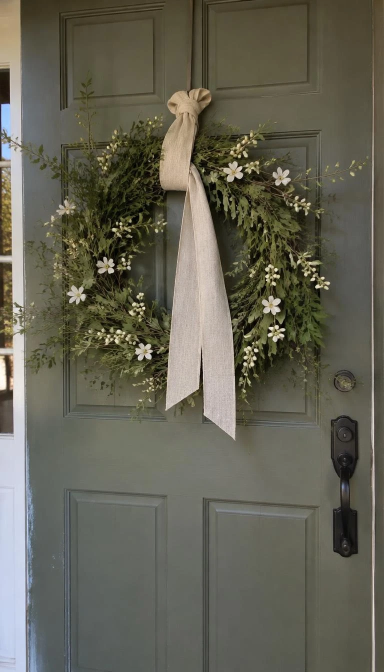 A candid, realistic iPhone photograph of a front door showing a pale mistletoe and winter jasmine branch wreath tied with a natural unbleached linen sash against an olive green painted wood door.