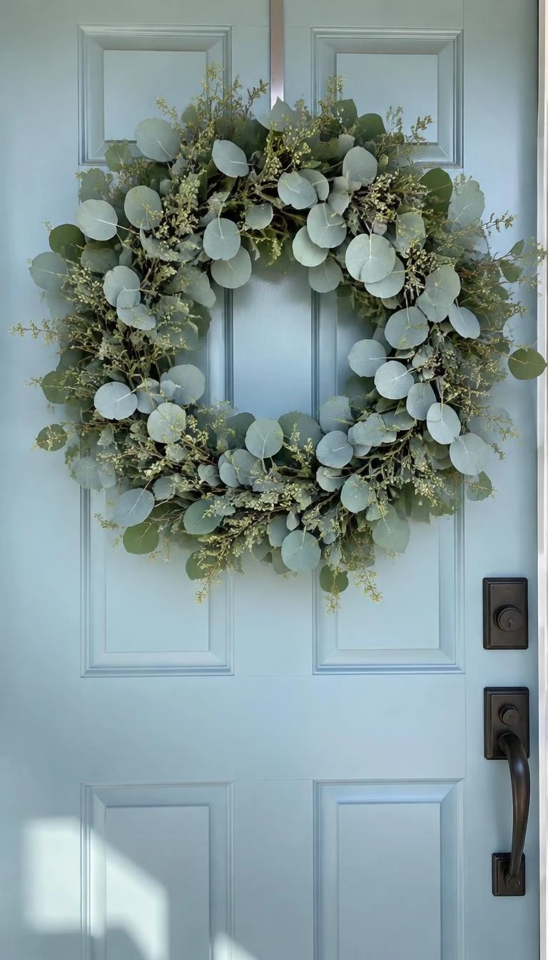 A candid, realistic iPhone photograph of a front door displaying a full wreath made of silver dollar and seeded eucalyptus leaves, hanging flat against a painted duck egg blue door under crisp daylight.
