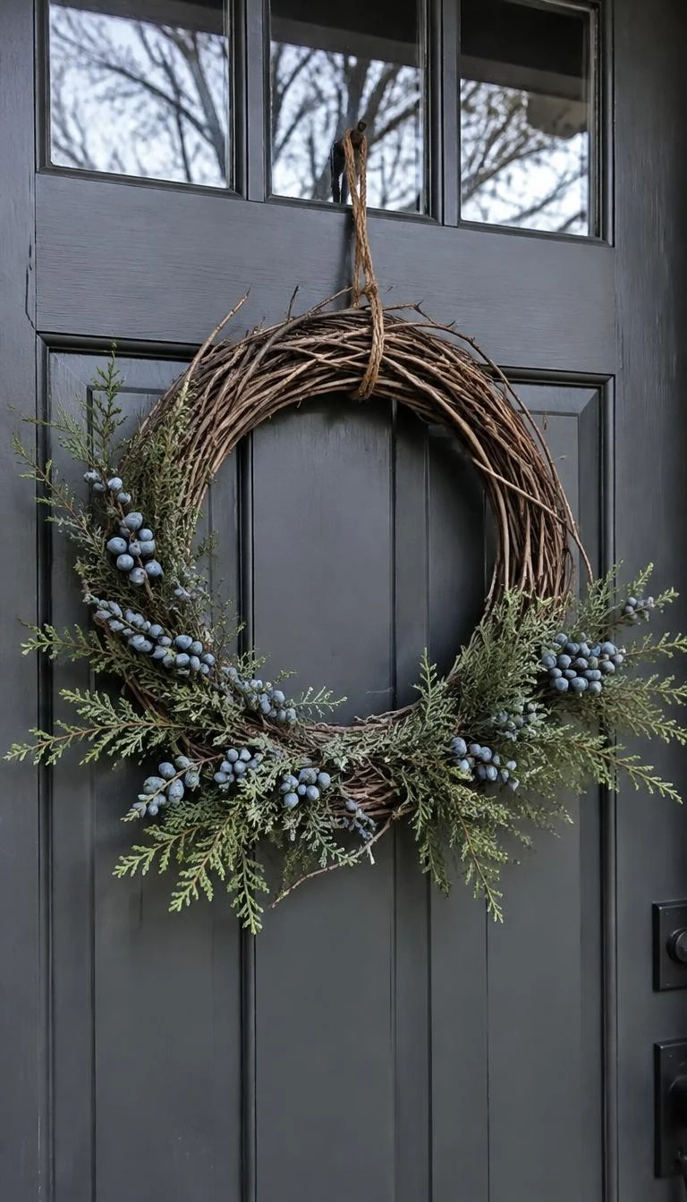 A candid, realistic iPhone photograph of a front door showing a delicate willow branch wreath decorated with wild juniper clusters bearing frosty blue berries, hanging from brown twine against a dark gray wood door.