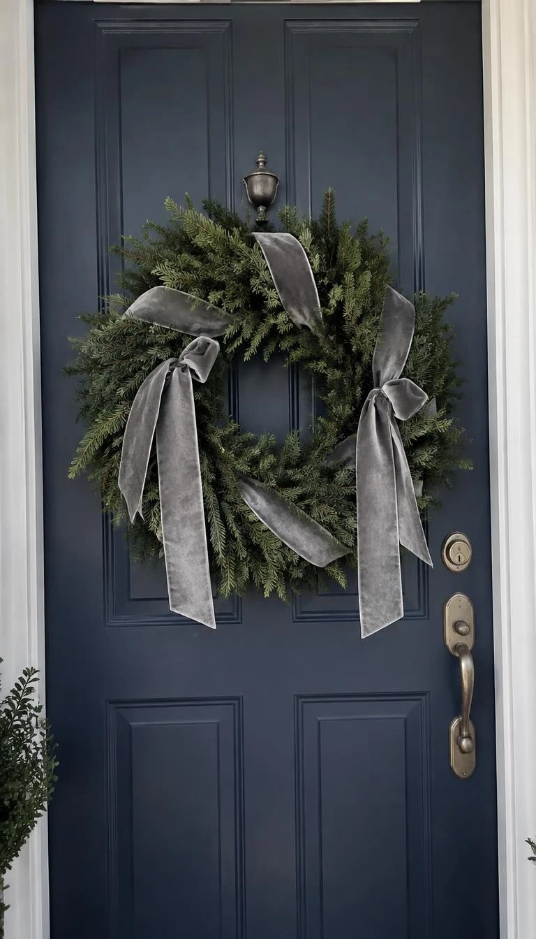 A candid, realistic iPhone photograph of a front door displaying a dense dark balsam fir wreath laced with a wide tarnished silver velvet ribbon on a navy blue front door in winter light.