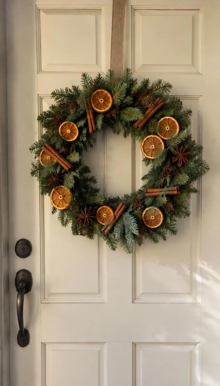 A candid, realistic iPhone photograph of a front door showing a white pine wreath studded with dehydrated orange wheels, whole star anise pods, and cinnamon sticks against a warm cream painted door in gentle morning light.