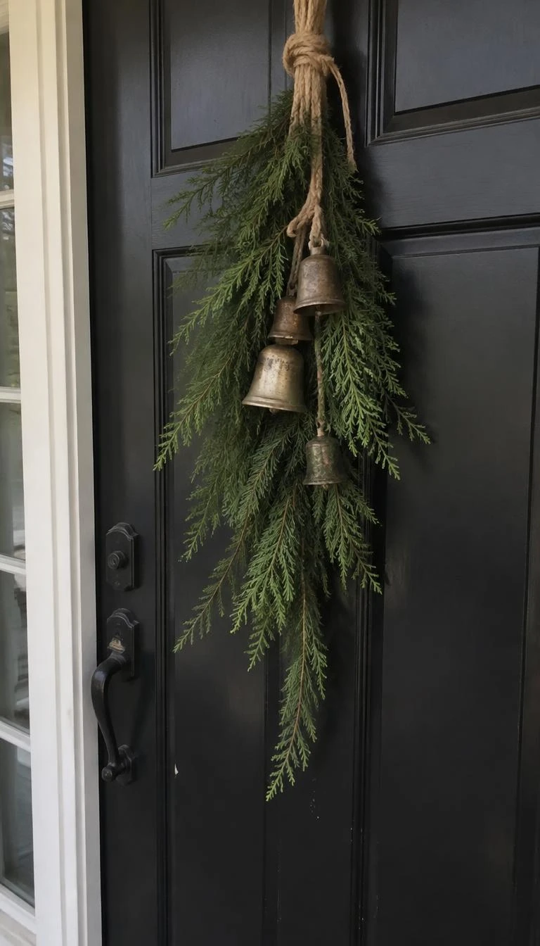 A candid, realistic iPhone photograph of a front door showing a simple vertical spray of fresh cypress branches tied with vintage brass cowbells by thick hemp rope on a black painted door.