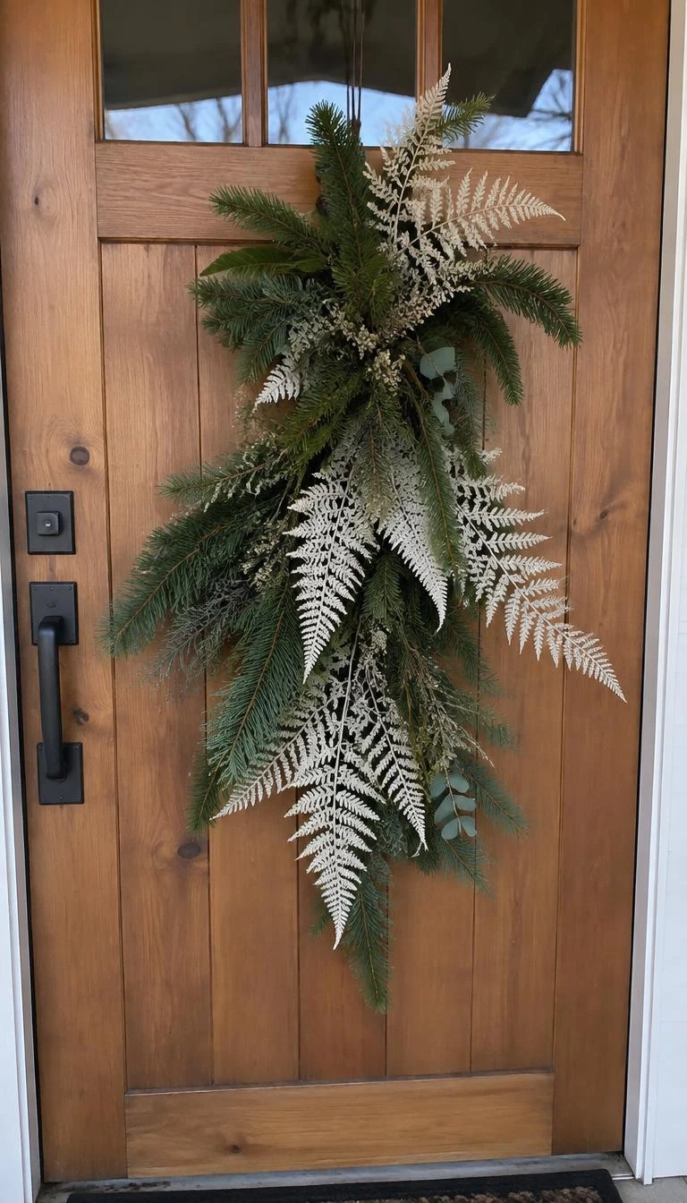 A candid, realistic iPhone photograph of a front door showing an arrangement of dark Fraser fir greenery offset by feathery bleached white fern fronds against a natural cedar plank door.