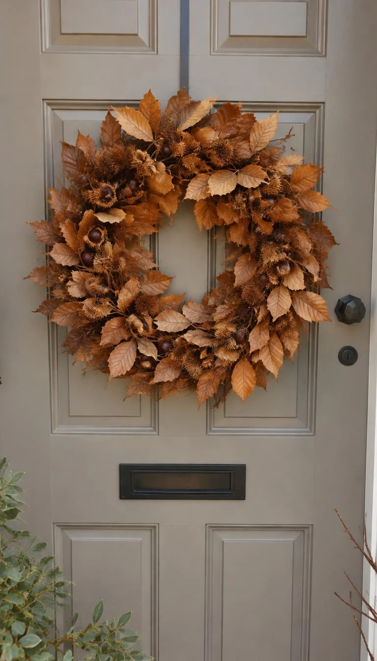 A candid, realistic iPhone photograph of a front door showing a full wreath of coppery preserved beech leaves and spiky dried chestnut husks hung against a taupe painted door in winter.
