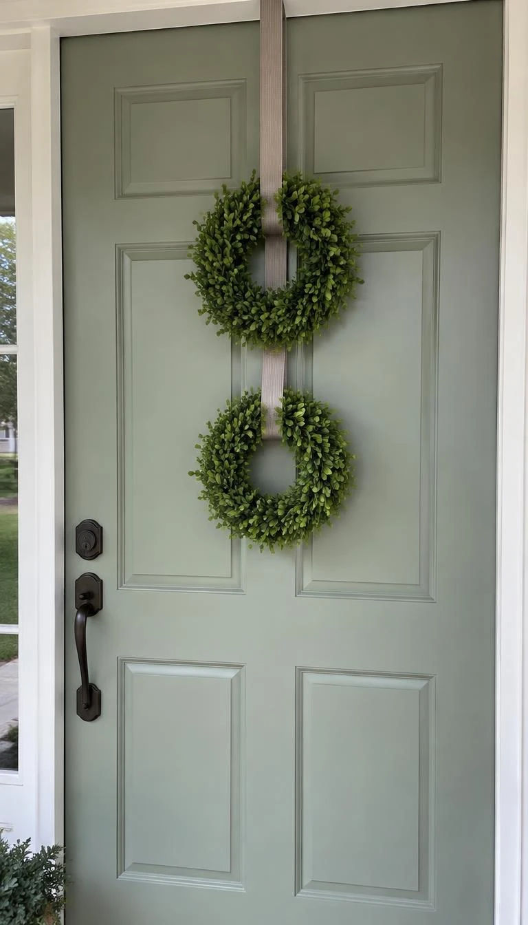 A candid, realistic iPhone photograph of a front door featuring two matching ten inch boxwood wreaths hung vertically by a single taupe grosgrain strap against a pale sage green paneled door in diffuse daylight.