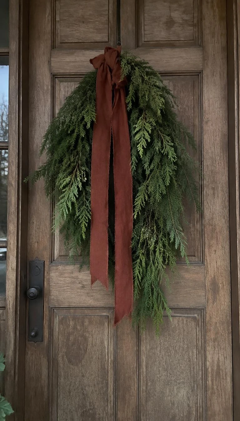 A candid, realistic iPhone photograph of a front door displaying a cascading cedar wreath tied with a long frayed dark rust raw silk ribbon, hanging flat against a weathered oak wood entry door on an overcast afternoon.