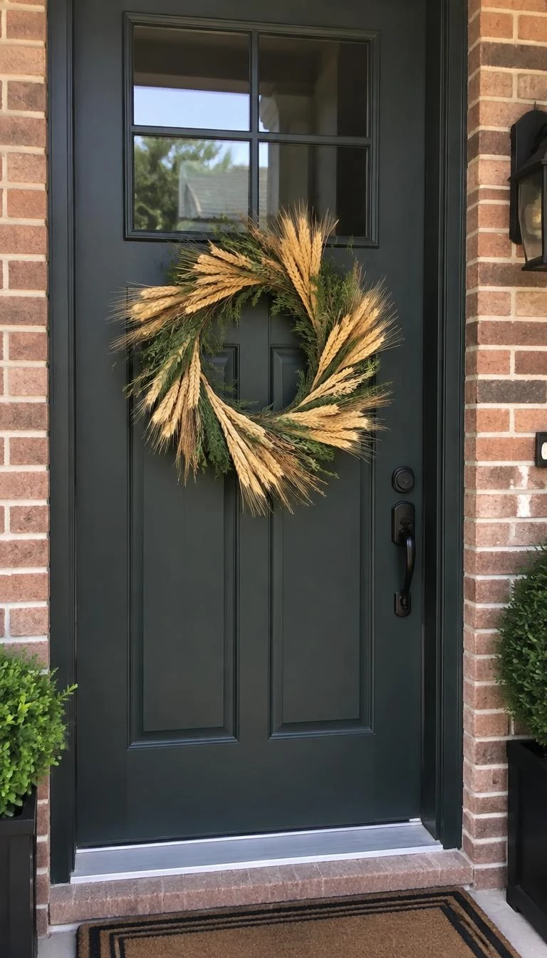 A candid, realistic iPhone photograph of a front door showing a tightly woven wheel of golden dried wheat stems and stiff green rosemary sprigs on a warm brick entryway door.