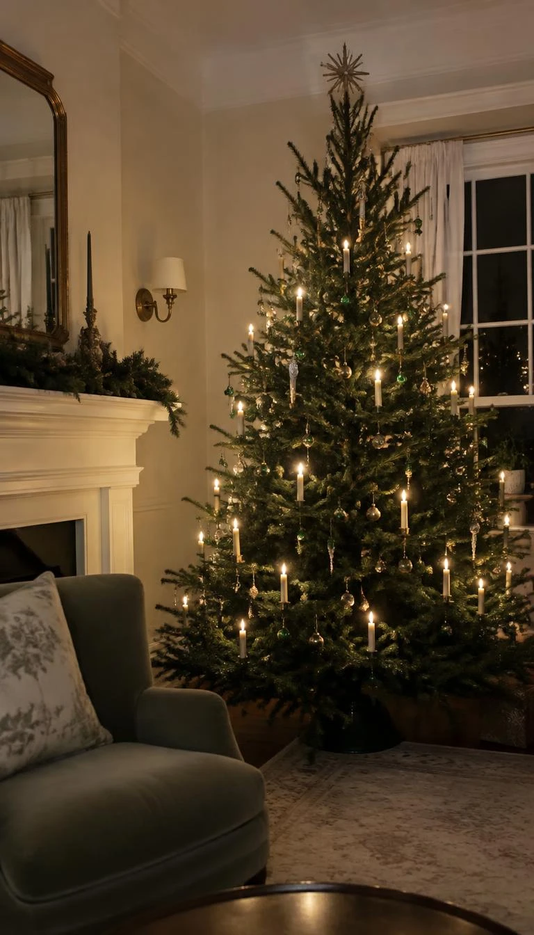 Add Vintage Gold Candlestick Clips With Wax Drops A candid, realistic iPhone photograph of a living room with a classic spruce tree displaying antique gold clip-on candle holders with realistic cream faux tapers, tiny warm bulbs, and understated green glass drops.