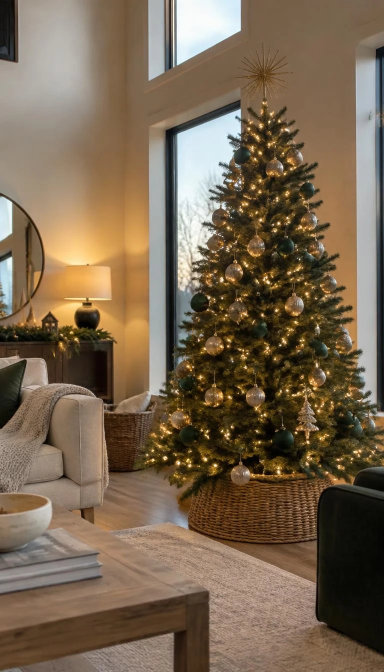 Top the Tree With an Asymmetric Brushed Gold Starburst A candid, realistic iPhone photograph of a living room with a Christmas tree crowned with an asymmetric brushed brass starburst topper, simple green and gold ornaments below, glowing warm lights, and tall windows.