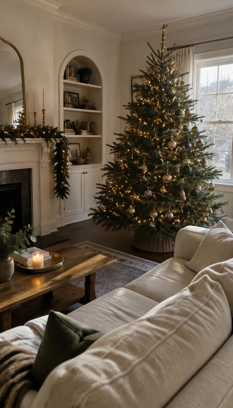 Pair Matte Olive Baubles With Polished Brass Finishes A candid, realistic iPhone photograph of a living room with a Christmas tree decorated with muted olive green matte globes, bright polished brass pendants, warm fairy lights, hardwood floors, and a soft linen sofa sitting in late afternoon winter light.