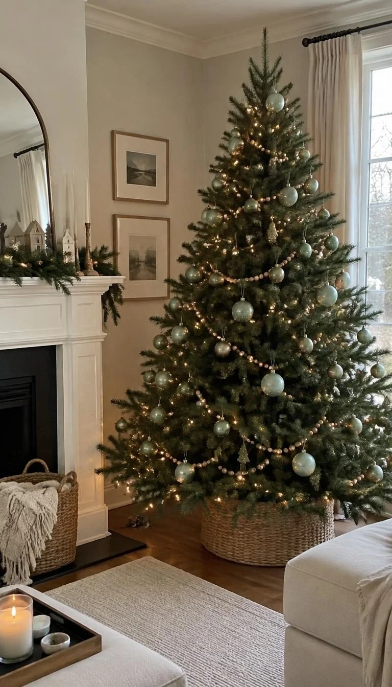 Thread Burnished Gold Wooden Beads Over Needle Clusters A candid, realistic iPhone photograph of a living room with a spruce Christmas tree wrapped in a strand of round wooden beads painted in soft burnished gold, combined with pale celadon glass globes.