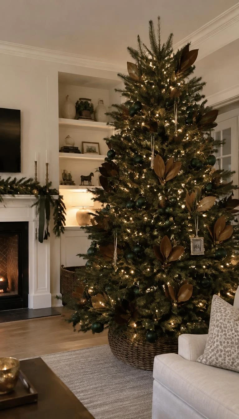 Weave Gilded Magnolia Leaves Through Lower Branches A candid, realistic iPhone photograph of a living room with a natural Christmas tree featuring real dried magnolia leaves with gold-painted backs tucked among branches, paired with dark forest green baubles.