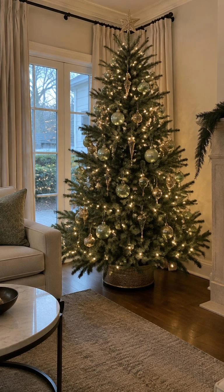 Use Seafoam Glass to Brighten Antique Florentine Gold A candid, realistic iPhone photograph of a living room with an evergreen tree carrying seafoam green blown-glass ornaments, intricate Florentine gold pendants, warm white lights, and linen curtains.
