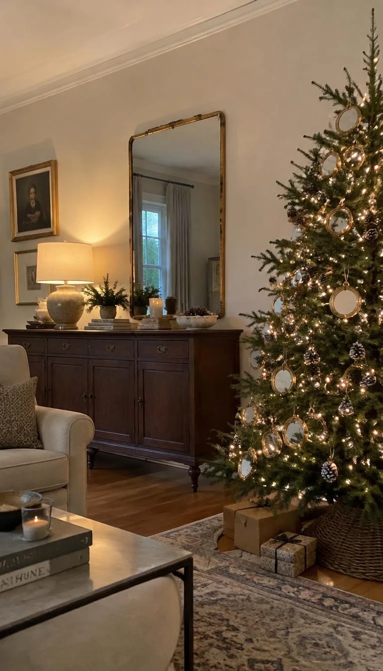 Group Miniature Gold Mirrors With Pinecone Sprigs A candid, realistic iPhone photograph of a living room with a classic evergreen tree trimmed with small round gold-framed mirrors, frosted pinecones, warm white lights, and an antique side credenza.