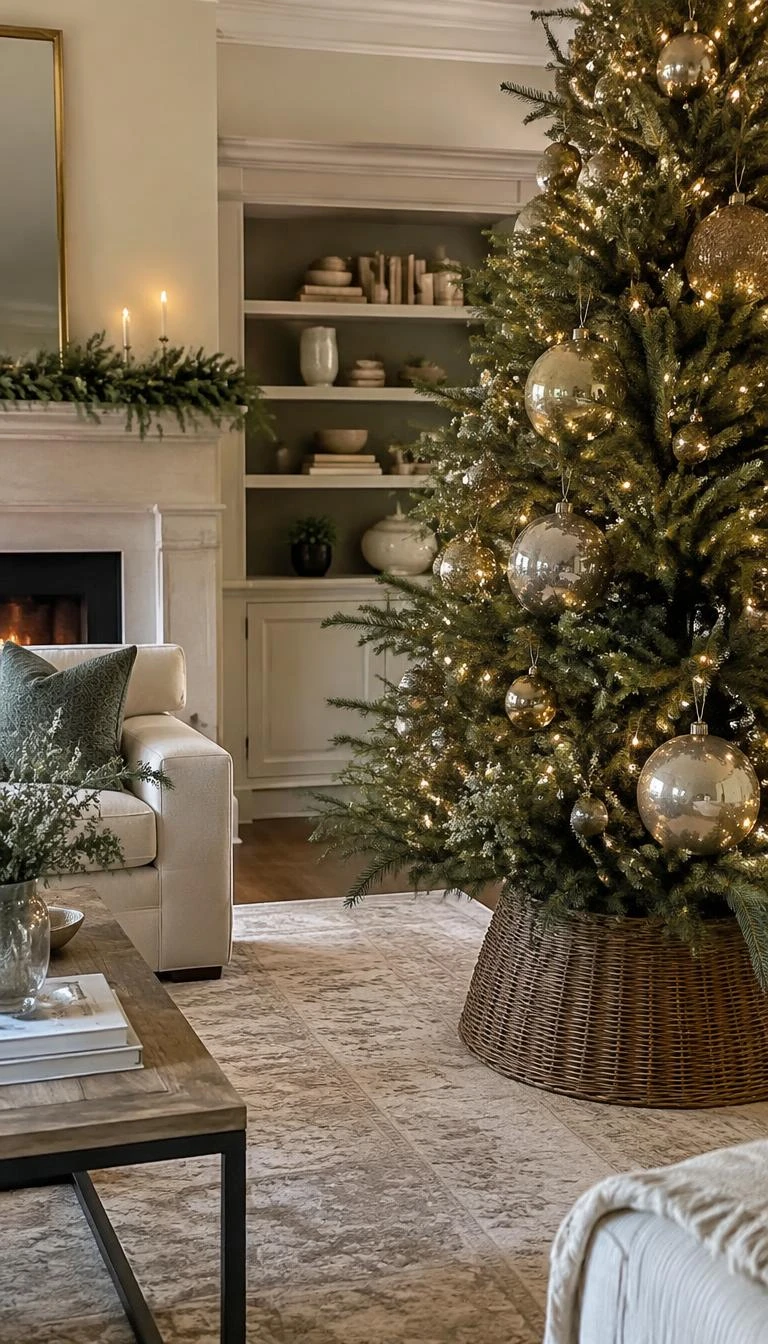 Anchor the Tree With Oversized Pale Gold Glass Globes A candid, realistic iPhone photograph of a living room with a full Christmas tree featuring large five-inch pale gold mercury glass globes tucked into inner branches, fine evergreen sprigs, and a woven tree collar below.