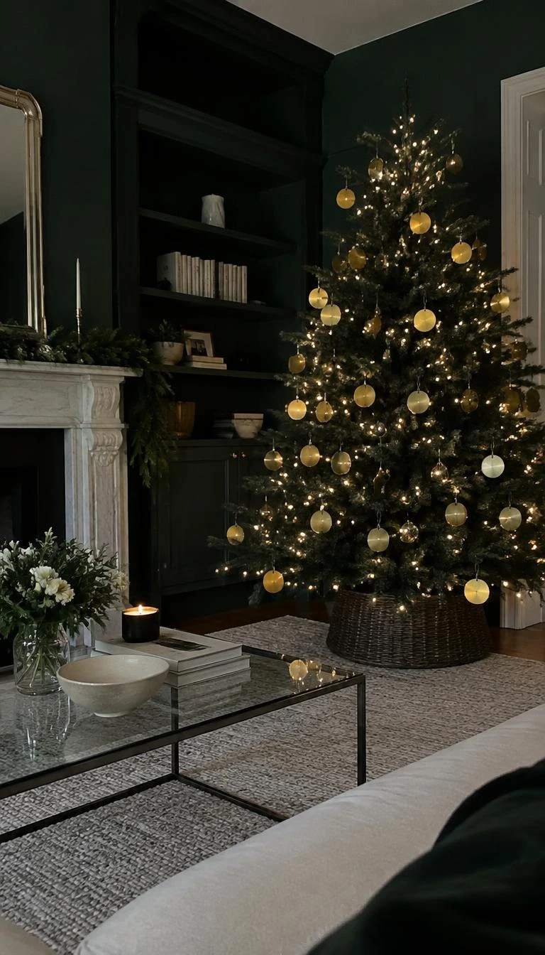 Hang Mirrored Gold Discs to Catch Warm Tree Lights A candid, realistic iPhone photograph of a living room with a decorated pine tree carrying flat circular mirrored gold discs that reflect glowing mini lights, set against dark forest green velvet accent walls.
