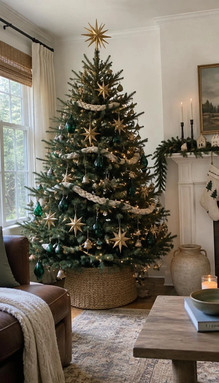 Contrast Hammered Brass Stars With Glossy Emerald Drops A candid, realistic iPhone photograph of a living room with a lush pine tree hung with hand-hammered brass star ornaments, elongated glossy emerald glass drops, and a soft braided wool garland.