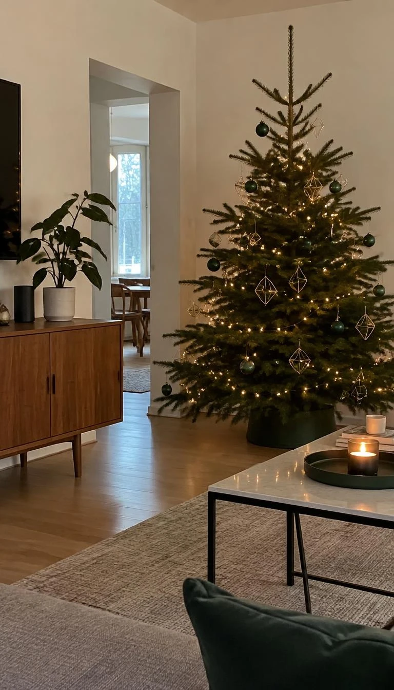 Hang Cast Brass Geometric Prisms on Branch Ends A candid, realistic iPhone photograph of a living room with a minimalist Christmas tree featuring delicate open-frame brass geometric prisms, deep evergreen baubles, soft warm micro lights, and simple modern furniture.