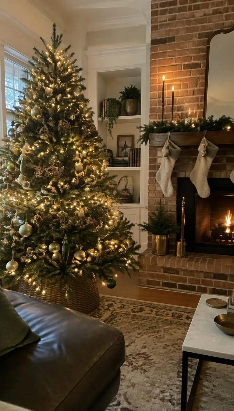 Cluster Golden Seed Pods Alongside Moss Green Finials A candid, realistic iPhone photograph of a living room with a Christmas tree decorated with gilded natural lotus seed pods, slender moss green glass finials, soft glow lighting, and a brick fireplace.