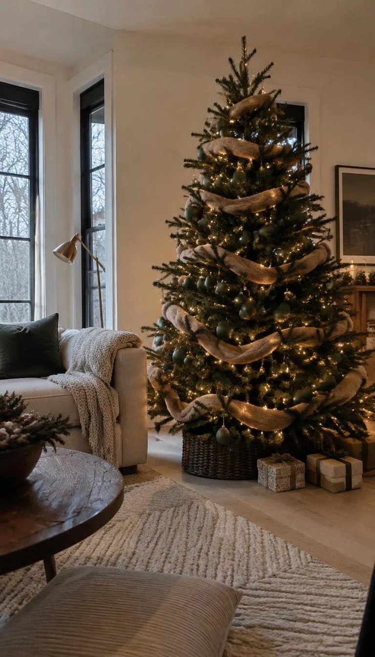 Weave Soft Gold Wool Roving Through Deep Olive Boughs A candid, realistic iPhone photograph of a living room with a Christmas tree styled with strands of unspun warm gold wool roving woven softly across branches, accented by dark olive matte spheres.