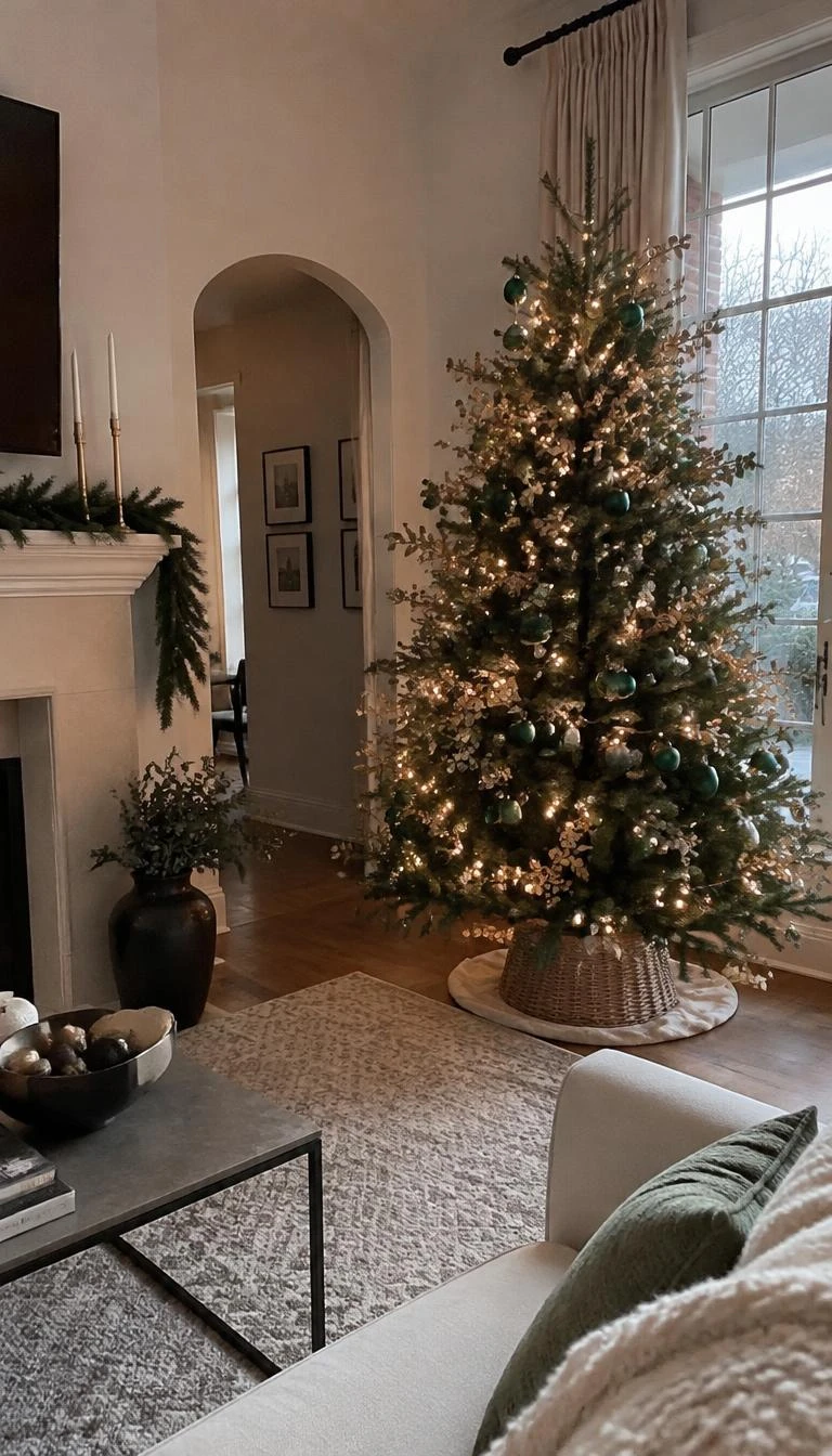 Nestle Gilded Eucalyptus Sprigs Into Inner Branches A candid, realistic iPhone photograph of a living room with an evergreen tree filled out with dried gold eucalyptus stems, simple round emerald ornaments, soft amber string lighting, and a neutral wool rug on the floor.