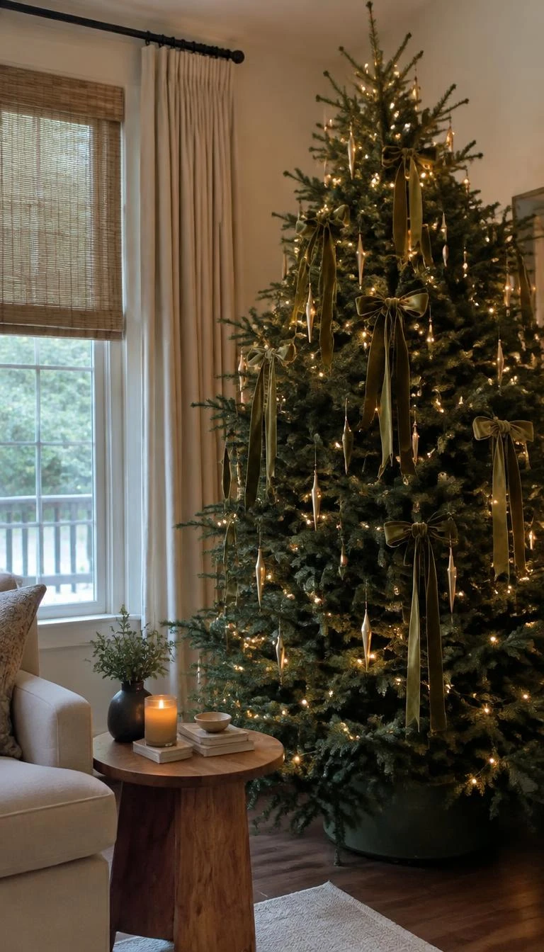 Mix Velvet Moss Ribbon With Warm Gold Pendants A candid, realistic iPhone photograph of a living room with an evergreen tree trimmed with wide moss velvet ribbons knotted loosely on branches, slender gold drop pendants, soft ambient glow, and an oak side table nearby.
